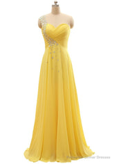 Elegant One Shoulder Yellow Chiffon Beaded Pleat Long Bridesmaid Dresses